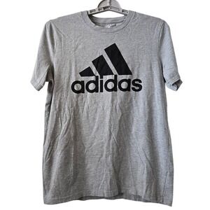 adidas Boys T-Shirt Logo Graphic Cotton Blend Sporty Heather Grey L 14/16